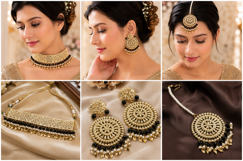 black pearls jadau pipal patti punjabi set with earring & Tikka
