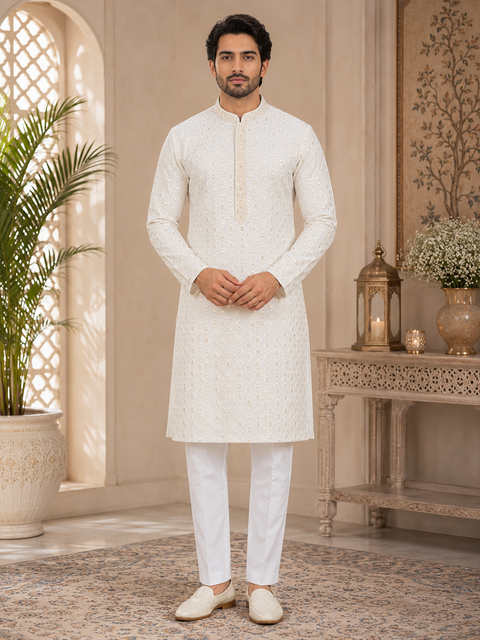 Cotton Silk based beautiful embroidery work at front and back with sequins work designer Kurta & cream golden color Pajama  (slight variation in color & design is possible)