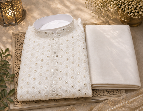 Cotton Silk based beautiful embroidery work at front and back with sequins work designer Kurta & cream golden color Pajama  (slight variation in color & design is possible)