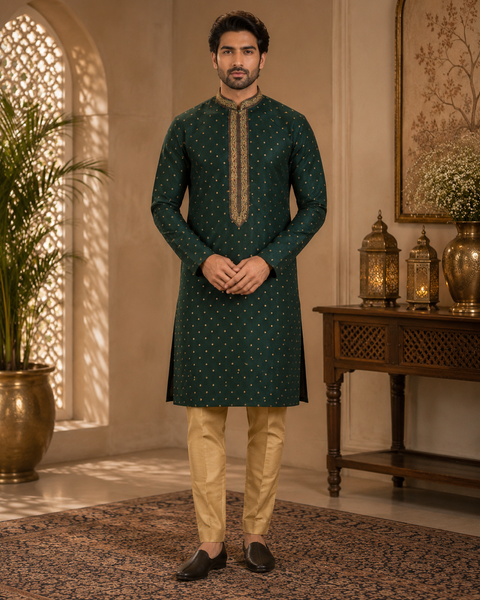 Green color cotton silk Based embroidery Work at neck Kurta & golden Pajama (slight variation in color and design is possible)