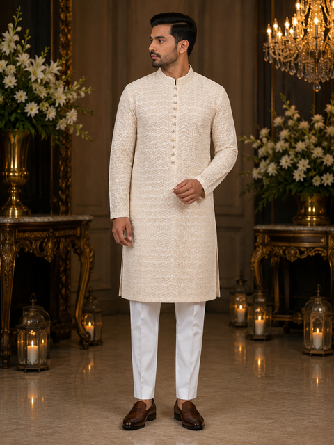 Georgette based Heavy embroidery with sequined work designer Kurta with white Pajama (slight variation in color and design is possible )