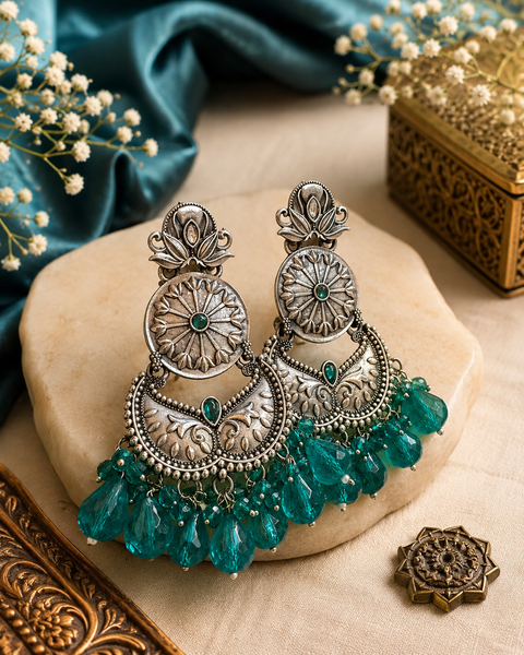 Beautiful oxidised earrings with colourful pearls ( slight variations in color and design is possible)
