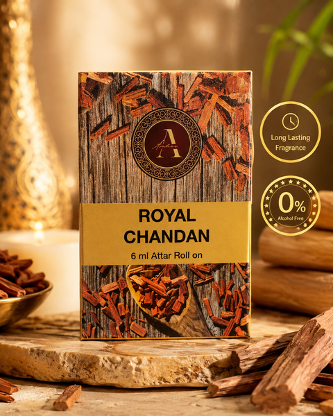 Royal Chandan Attar – a rich, warm sandalwood-inspired long-lasting fragrance, crafted with 0% alcohol in a convenient 6ml roll-on.