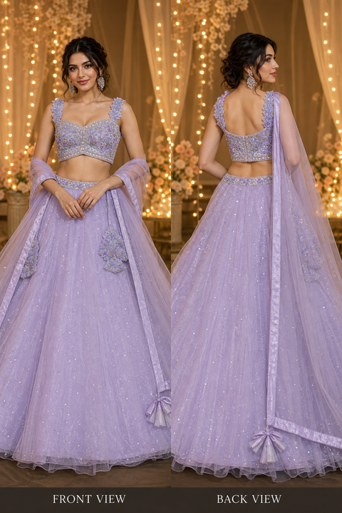(Video clip attached)Heavy hand work designer stylish Blouse with very very heavy flared shiny netting based  princess style lehnga and dupatta