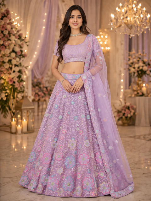 Blush Pink Netting based embroidery & sequined work multiflared beautiful lehnga with embroidery work design in blouse and embroidery dupatta (Unstitched Lehnga)(SLIGHT VARIATION IN COLOR AND DESIGN IS POSSIBLE)