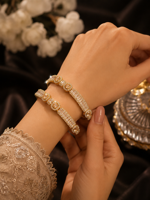 Golden and Silver beautiful designed American Diamond Kade Set ( slight variation in color and design is possible)