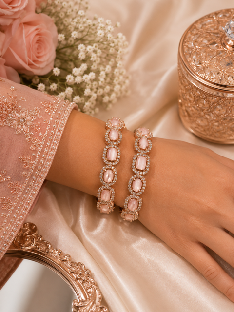 Rosegold and Pastel Pink stone American Diamond Kade Set (slight variations in color and design is possible)