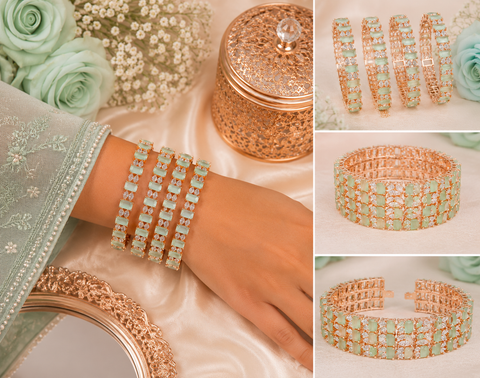 Pastel mint and silver shiny crystal American Diamond Kade(4 kade) (slight variations in color and design is possible)