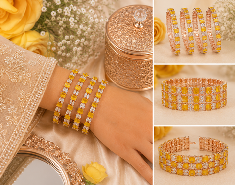 Yellow and silver shiny crystal American Diamond Kade(4 kade) (slight variations in color and design is possible)