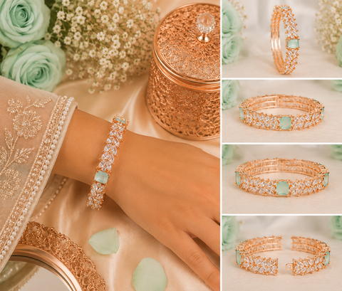 Pastel mint Rosegold shiny crystal American Diamond Kade(2 kade) (slight variations in color and design is possible)