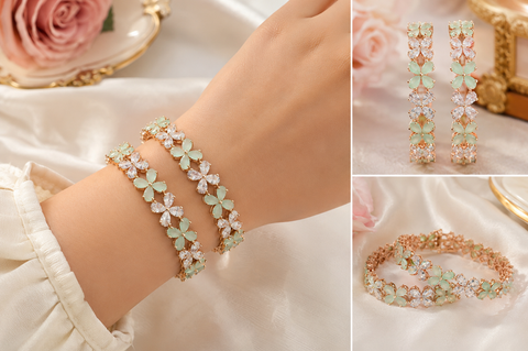 Pastel mint  & Rosegold shiny crystal American Diamond Kade(2 kade) (slight variations in color and design is possible)