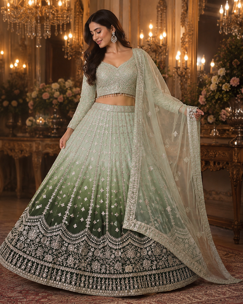 Chinnon based embroidery with mirror work designer blouse with ombré tone lehnga and netting based sequined work dupatta(slight variation in color and design is possible )