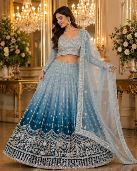 Chinnon based embroidery with mirror work designer blouse with ombré tone lehnga and netting based sequined work dupatta(slight variation in color and design is possible )