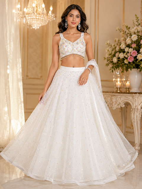 (Video clip attached)Heavy hand work designer stylish Blouse with very very heavy flared shiny netting based  princess style lehnga and dupatta(slight variation in color and design is possible )