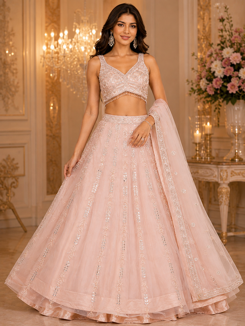 (Video clip attached)Heavy hand work designer stylish Blouse with very very heavy flared netting based  princess style lehnga and dupatta(slight variation in color and design is possible )