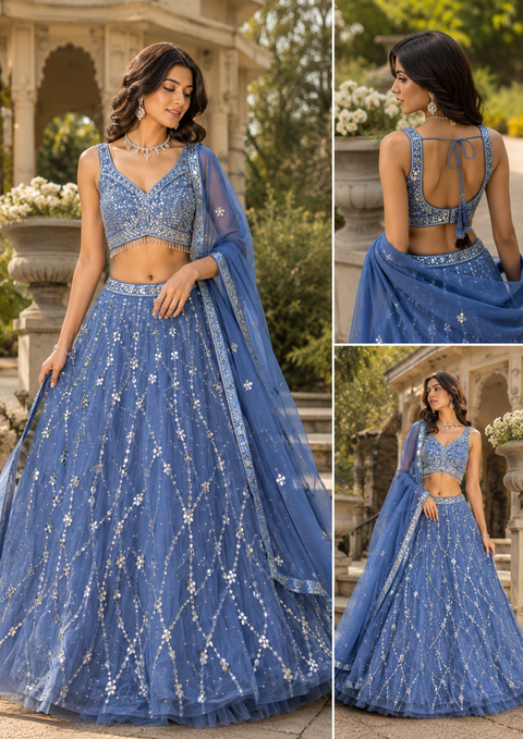 (Video clip attached)Heavy hand work designer stylish Blouse with very very heavy flared netting based  princess style lehnga and dupatta(slight variation in design and color is possible)