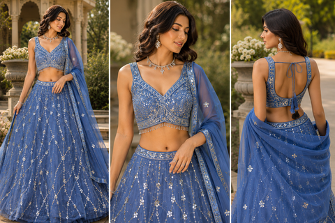 (Video clip attached)Heavy hand work designer stylish Blouse with very very heavy flared netting based  princess style lehnga and dupatta(slight variation in design and color is possible)