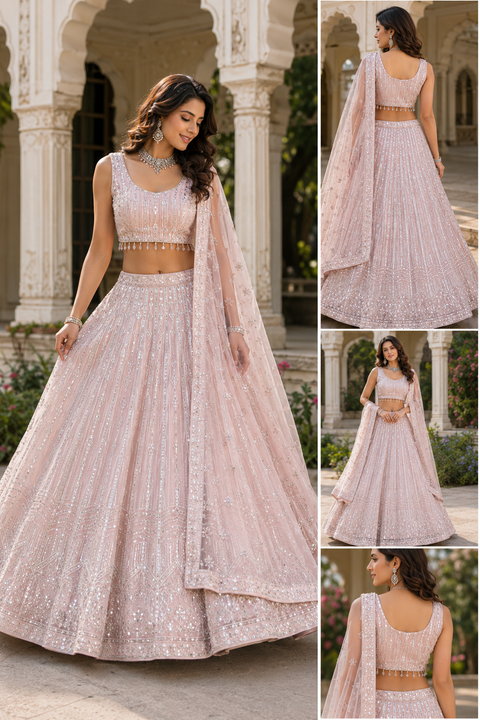 (Video clip attached)Heavy hand work designer stylish Blouse with very very heavy flared netting based  princess style lehnga and dupatta(slight variations in color and design is possible)