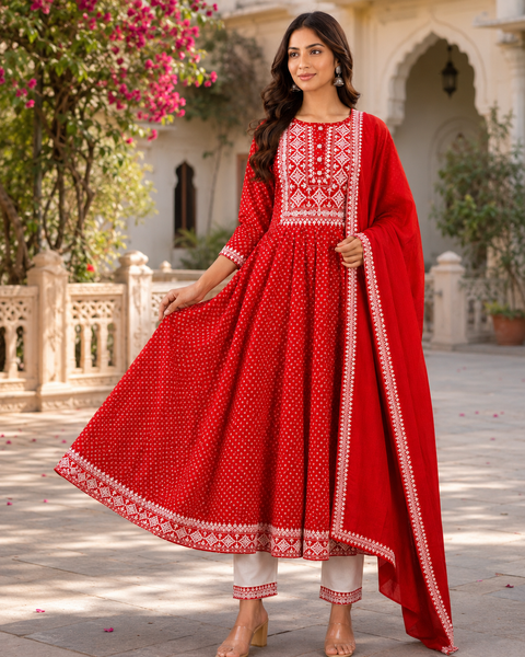 Beautiful bright red flared Bandhani Print kurta set featuring elegant white detailing, matching straight pants, and a coordinated dupatta. Slight variation in color & design may occur