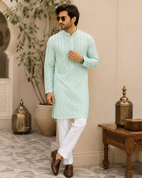 Pure and Soft georgette based Heavy embroidery work designer Kurta with white Pajama (slight variation in color & design is possible)