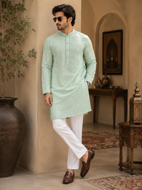 Pure and Soft georgette based Heavy embroidery work designer Kurta with white Pajama (slight variation in color & design is possible)