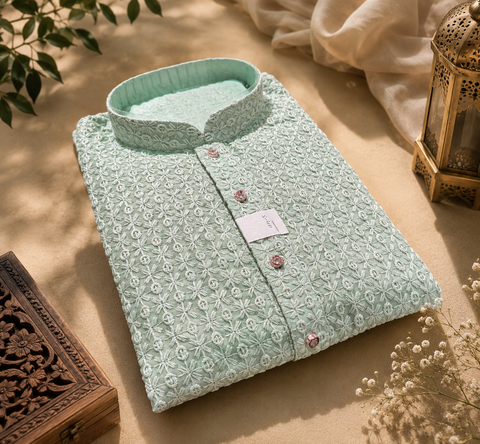 Pure and Soft georgette based Heavy embroidery work designer Kurta with white Pajama (slight variation in color & design is possible)