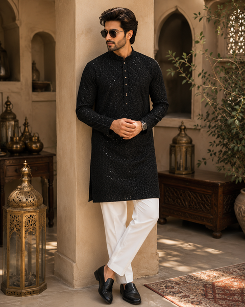 Pure and Soft georgette based Heavy embroidery work designer Kurta with white Pajama (slight variation in color & design is possible)