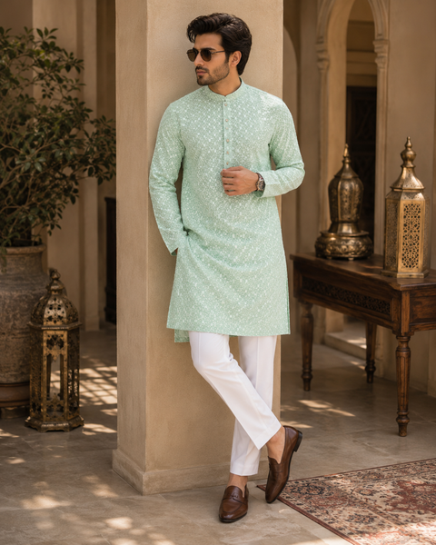 Pure and Soft georgette based Heavy embroidery work designer Kurta with white Pajama (slight variation in color & design is possible)