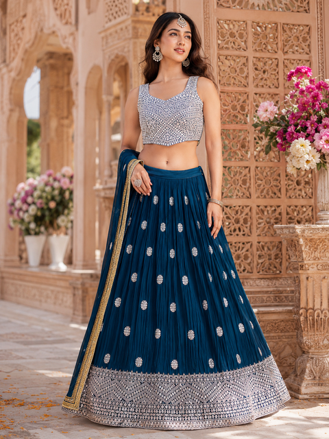 Georgette based embroidery work with sequins work all over lehnga and crop top designer blouse and Georgette sequined dupatta