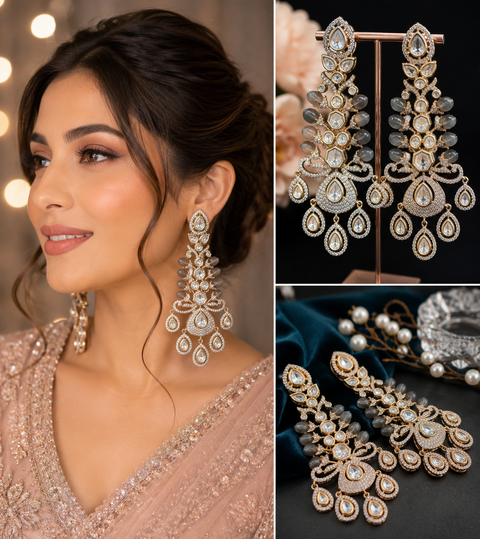 Golden American Diamond stones very classy and beautiful earrings (Slight variations in color and design is possible)