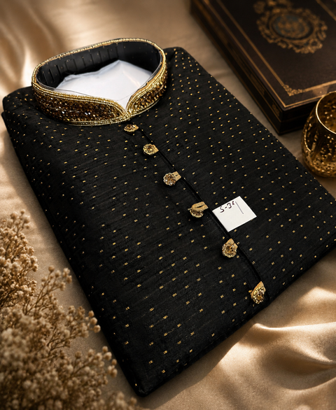 Soft Silk based Heavy brocade work with stone work buttons and neck design , designer Kurta with golden Pajama (slight variation in color & design is possible)