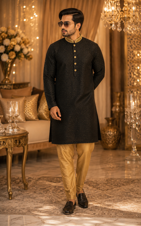 Soft Silk based Heavy brocade work with stone work buttons and neck design , designer Kurta with golden Pajama (slight variation in color & design is possible)