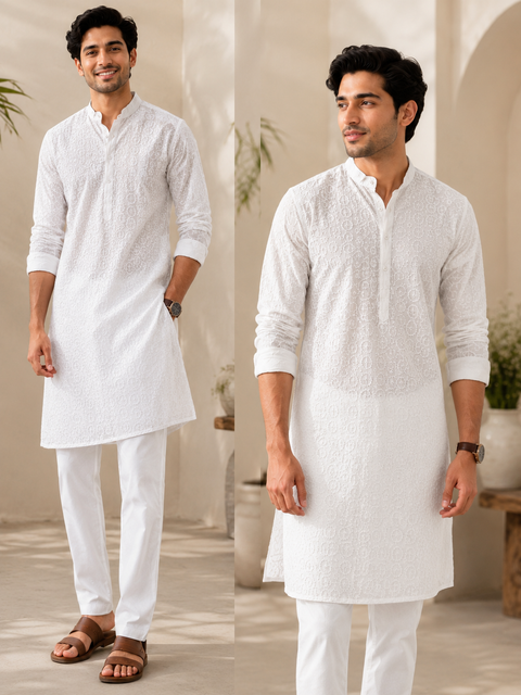 White colour cotton  based chikankari work kurta with white pajama(slight variation in color and design is possible)