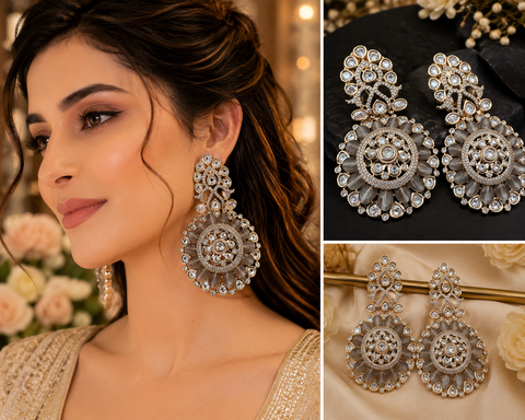 Golden American Diamond stones very classy and beautiful earrings (Slight variations in color and design is possible)
