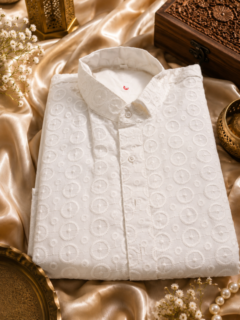 White colour cotton  based chikankari work kurta with white pajama(slight variation in color and design is possible)
