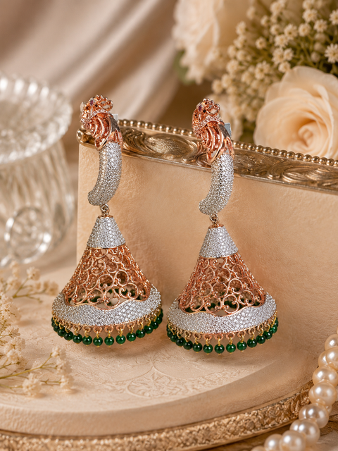 Peacock Design Amazing and stylish American Diamond Bali Jhumka (Slight variations in color and design is possible)