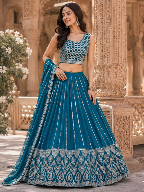 Georgette based embroidery work with sequins work all over lehnga and crop top designer blouse and Georgette sequined dupatta(slight variation in color and design is possible )