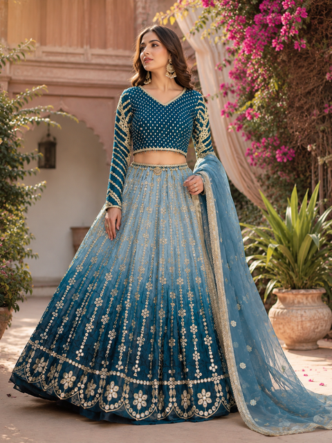 Chinnon based embroidery with mirror work designer blouse with onbre tone lehnga and netting based sequined work dupatta