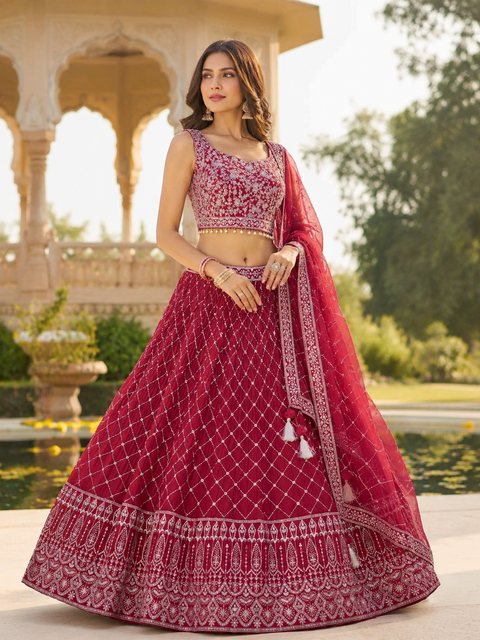 Georgette based embroidery with hand work crop top designer blouse with lehnga and Georgette dupatta