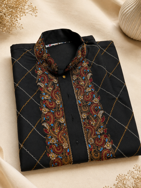 Black colour cotton kurta with pajama pants (slight variation in color and design is possible )