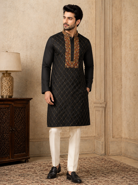 Black colour cotton kurta with pajama pants (slight variation in color and design is possible )