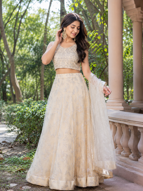 Stones and mirror work designer Blouse with netting shimmer work  design heavy flared lehnga and netting dupatta