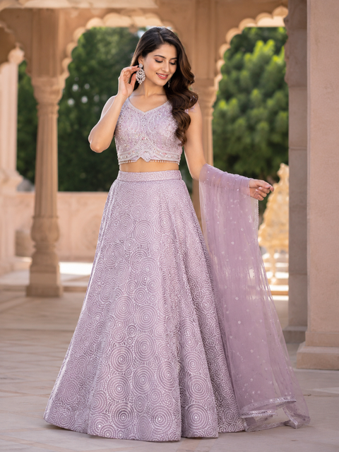 Stones and mirror work designer Blouse with netting shimmer work  design heavy flared lehnga and netting dupatta