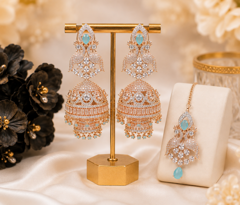 Bigger size Amazing and stylish American Diamond Jhumka with tikka (slight variations in color and design is possible)
