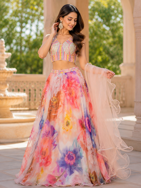 Stylish hand work crop top designer blouse with floral print lehnga and netting dupatta