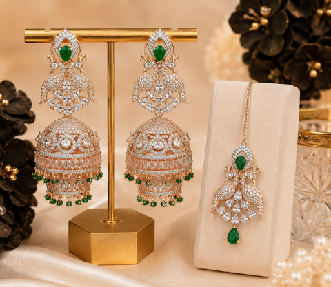Bigger size Amazing and stylish American Diamond Jhumka with tikka (slight variations in color and design is possible)