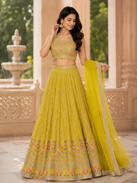 Georgette based embroidery with sequins work crop top designer blouse with lehnga and Georgette dupatta