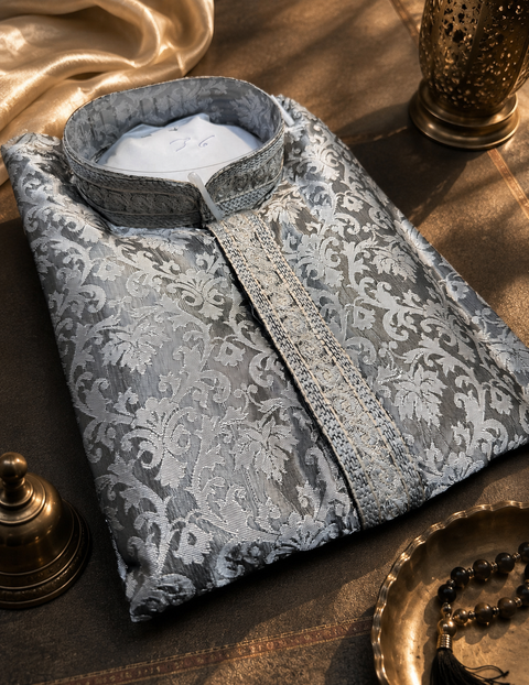 Soft Silk based brocade work neck embroidery designer Kurta with white Pajama (slight variation in color and design is possible)