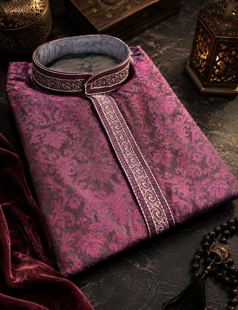 Soft Silk based brocade work neck embroidery designer Kurta with white Pajama  (slight variation in color and design is possible)