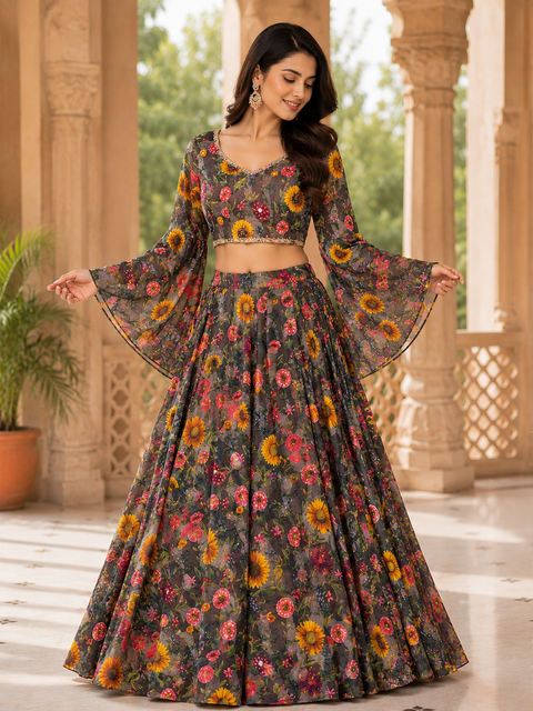 Georgette based stone work crop top designer blouse with printed lehnga and dupatta